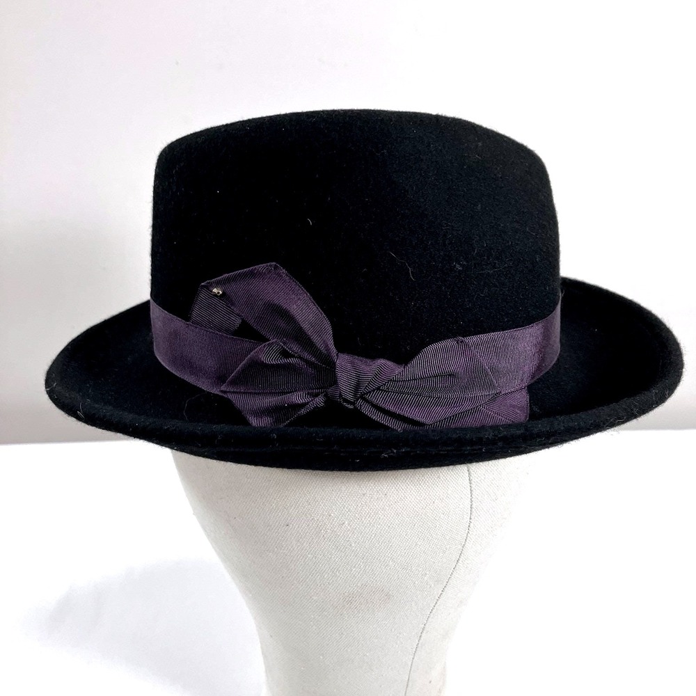 Grace Hats Fedora Black Wool Felt Purple Grosgrain Ribbon Bow Accent Hat
